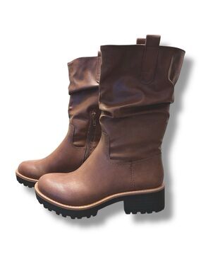 🤎 Sun + Stone Nelliee Lug Sole Mid Calf Boots Brown Slouchy Zip Size 5